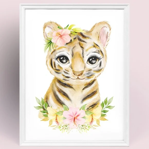 Cute Watercolor Floral Tiger Wall Art Print Poster Unframed - Picture 1 of 9